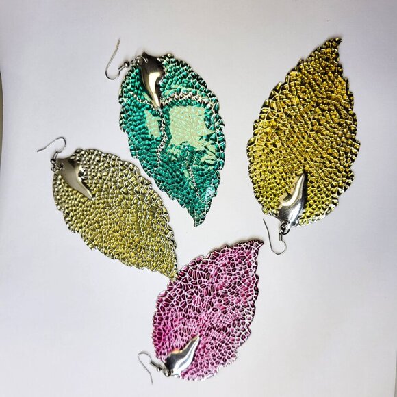 Green Leaf Earrings Statement Earrings Boho Earrings - Picture 4 of 7